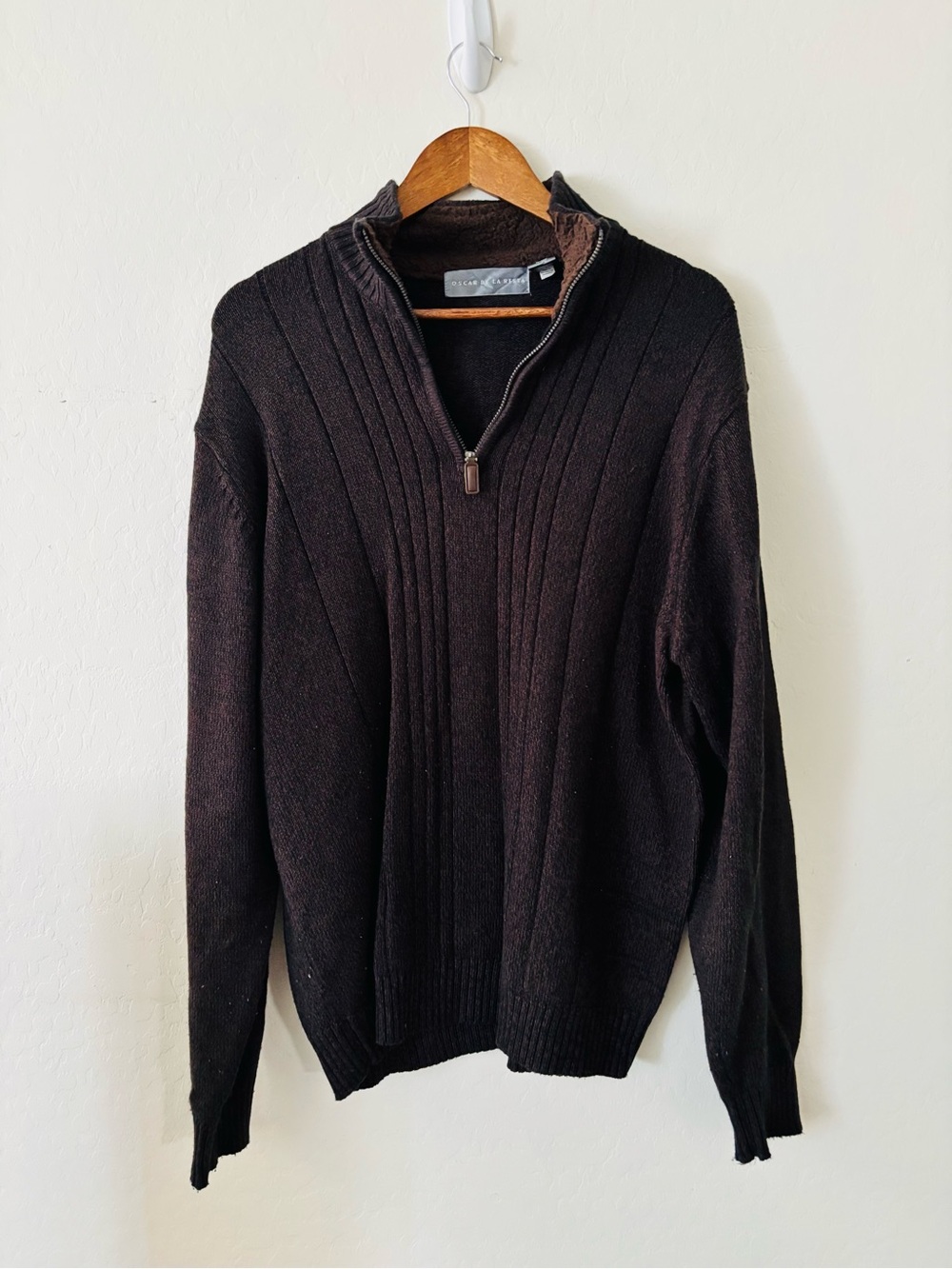 Oscar de la Renta Brown Quarter Zip Sweater Men’s Ribbed Knit Pullover Cozy XL